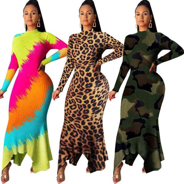 Mujeres Invierno Bodycon Vestido largo largo Rayas Leopardo Estampado de camuflaje Punto Sexy Club Night Party Vestidos de manga completa K8862 G1214