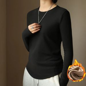 Femmes hiver sommets col rond à manches longues chemise noir décontracté mince basique velours fibre chauffante t-shirts thermiques 2023 240129