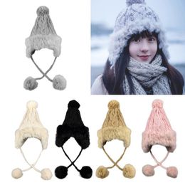 Vrouwen Winter Kabel Knit Trapper Hoed Pluizige Pluche Trim Dikke Faux Fleece Voering Thermische Warme Pom POM Mutsen Earflap Cap