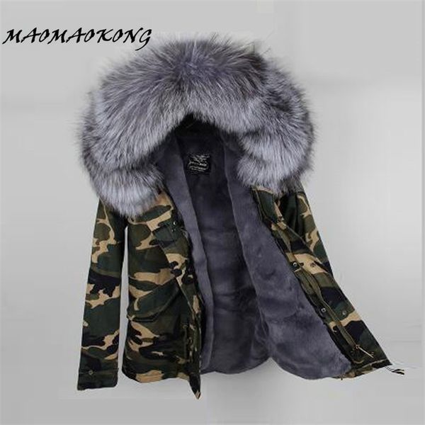 Mujeres de invierno Camo Parkas Cuello de piel de mapache grande Cuello con capucha Outwear 2 en 1 Chaqueta de revestimiento desmontable Estilo de la marca 210910