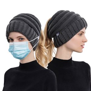 Femmes Hiver Chunky Plaid Crochet Tricoté Bonnet Chapeau avec Queue De Cheval Trou Haut Messy Bun Couleur Unie Stretch Neige Ski Crâne Cap