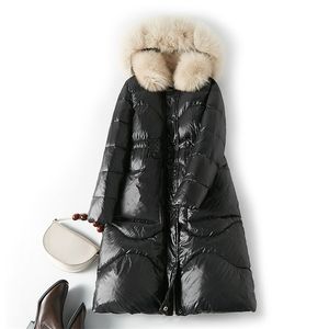 Femmes manteau d'hiver fourrure naturelle à capuche 90% blanc canard doudoune mince longue Parka femme épais manteaux chauds 211018