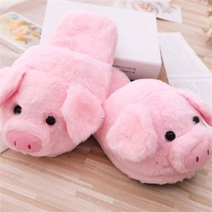 Femmes hiver mignon cochon rose animal dessin animé pantoufles de peluche anti-slip fourrure Y201026