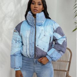 Femmes Winter Denim 3d Imprimez à glissière Puff Crop Crop Parkas THAUX EPPUR DOWN DOWLNECK ZIPER PAIN Veste de veste de veste 240326