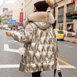 Parka d'hiver en duvet de canard pour femme, manteau bouffant à capuche avec grand col en fourrure, veste brillante coréenne pour femme
