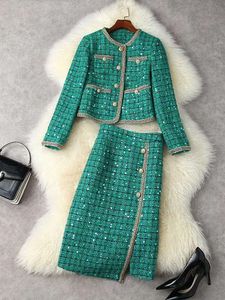 Vrouwen Winter Elegante Vintage Tweed Geurige Pak Jacke Jas Top en Rok Tweedelige Set Outfit Jacquard Formele Feestkleding