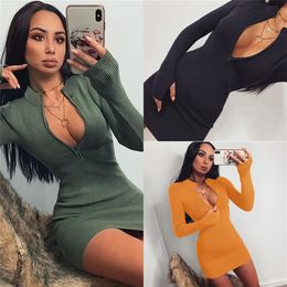 Vrouwen Winter Herfst Bodycon Geribbelde Jurk 2021 Nieuwe Stand Kraag Rits Diepe V-hals Effen Stretch Bodycon Potlood Party Mini vestido248p