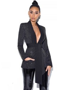 Femmes Mode d'hiver Sexy Ceinture à manches longues Celebrity Black Blazer Manteau Designer Veste de vêtement d'extérieur 210527