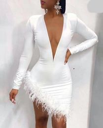 Casual Jurken Dames Winter Mode Sexy Lange Mouw Diepe V Feather White Bodycon Bandage Jurk 2021 Elegante Avond Party Vestidos