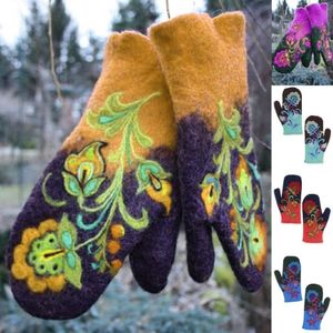 Femmes hiver Faux cachemire chaud doigt complet gants broderie florale mitaines T5UF cinq doigts 320Z