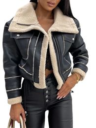 Femmes hiver veste en simili cuir à manches longues revers manteau en lin polaire fermeture éclair veste de moto vêtements d'extérieur chauds avec poches 240311
