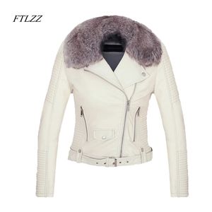 Vrouwen winter faux lederen jas warm grote bont kraag dame motorfiets PU zachte witte zwarte roze jas 210430