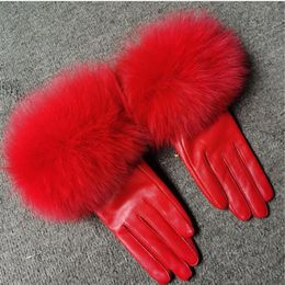 Gants d'hiver pour femmes en fourrure de lapin en peau d'agneau conduite écran tactile cool aime la bouche en peluche douce en cuir véritable en plein air doigt en peau de mouton 244u