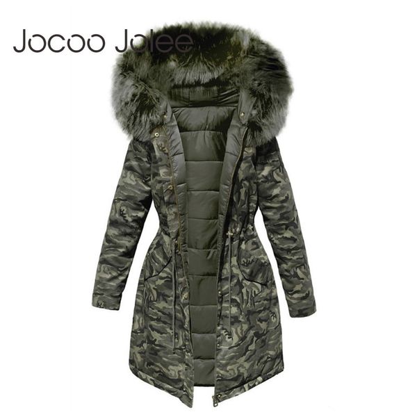 Chaqueta de invierno para mujer Parkas con capucha Abrigo de camuflaje Parka suelta Cuello de piel Chaquetas acolchadas de algodón Moda 210428