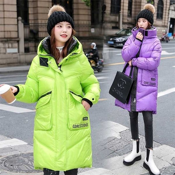 Femmes Veste d'hiver Longue Parkas Épais Vers Le Bas Coton Manteaux Chauds Coréen Streetwear Sweats À Capuche Noir Puffer Femelle Oversize 211011