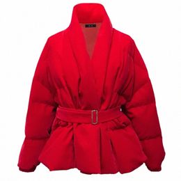 Femmes Veste d'hiver col en V ceinturé chaud épais Cott rembourré Parkas Veet veste rouge Lg manches courtes décontractées vers le bas Cott veste H4eW #