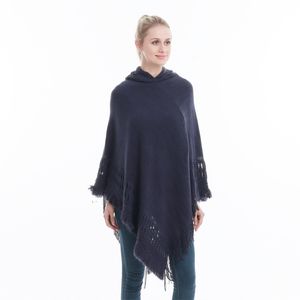 Femmes hivernales tricot à capuche poncho cape couleur solide crochet à franges frangés châle enveloppe surdimension