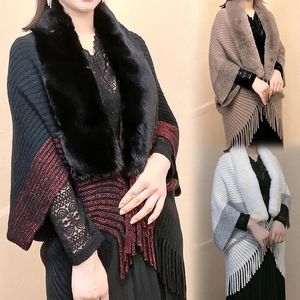 Dames Winter Gebreide Sjaal Met Nepbontkraag Fringe Trui Poncho's Lange Mode Warme Wraps Elegant Batwing Vest Cape Top 240108