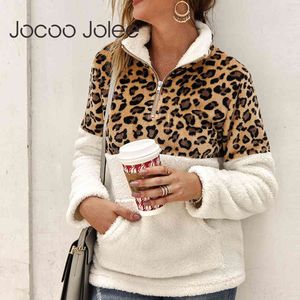 Dames Winter Leopard Patchwork Fleece Hoodies Turtleneck Rits Sweatshirts Pluizig Dikke Warme Pullover Uitkleding 210428