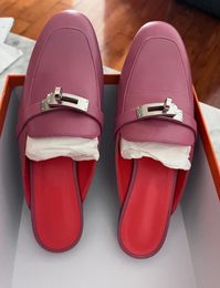 Dames winterloafers slide oz muilezels Zwart Wit bruin lederen touch zilveren gesp Effen kleur kalfsleer leer outdoor platte oxfords loafers schoenen met doos 35-42