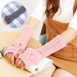 Women Winter Long Knitted Gloves Thick Warm Fingerless Candy Color Mittens Elastic Soft Bowknot Arm Warmers Accessories