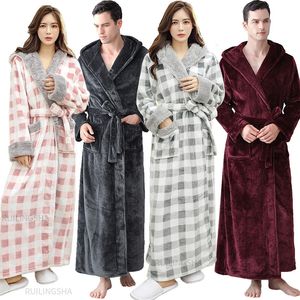 Femmes hiver longue chaude flanelle peignoir hommes à capuche Plaid grande taille corail polaire Kimono Robes à manches longues Robe de bain Pijamas 240108