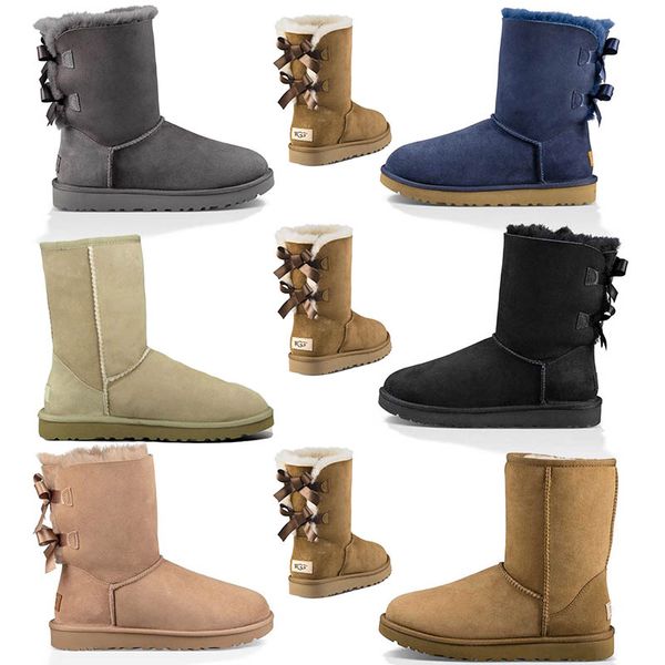 Mujeres Invierno Lujos Botas de diseñador Chica Clásico Bota de nieve Tobillo Arco corto Mini Piel Negro Azul marino Rosa Satén para mujer Mantener zapatos calientes Tamaño 5-10