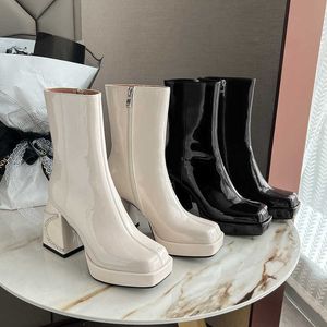 Vrouwen Winter Nieuwe Vierkante Kop Waterdichte Platform Dikke Hak Hoge Strass Modeshow Echt Leer Korte Laarzen Dames 230830