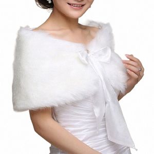 Femmes hiver taille unique chaud fausse fourrure Cape Cape de mariage Wrap mariée châle veste manteau Satin Ribb Bowknot à lacets haussement d'épaules Q7TC #