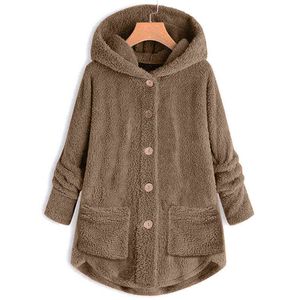 Dames Winter Oversize Jas Luxe Lange Mouw Wol Hooded Jas Mode Warme Solid Color Button Dikke Kleding voor Lady 2111118