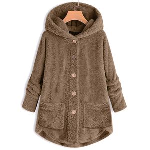 Vrouwen Winter Oversize Jas Luxe Lange Mouw Wol Hooded Jacket Mode Warme Effen Kleur Knop Dikke Kleding voor Lady 2111110