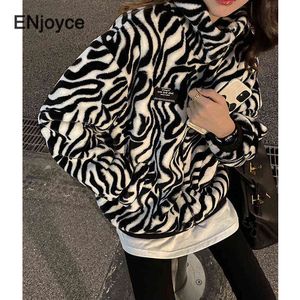 Vrouwen winter oversized losse corduroy sweatshirt vintage dikke zebra pluche flanel pullover Koreaanse stijl ritssluiting hoodie kleding T220726