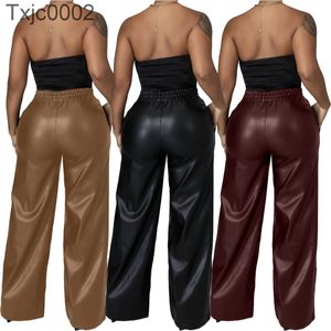 Pantalones de invierno para mujer Color sólido Pierna ancha suelta con bolsillo Pantalón casual Pantalones de cuero de PU Moda Tallas grandes Leggings para mujer DHL