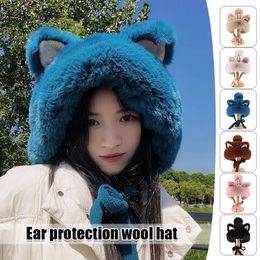 Femmes hiver peluche chaud oreille Protection chapeau fausse fourrure seau épaissir laine tricoté Kawaii doux mignon chat casquette 240111