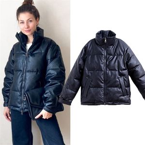 Femmes hiver PU cuir parkas solide épaissir fermeture éclair chaud coupe-vent vestes manteau de neige pour femme taille M-3XL 211018