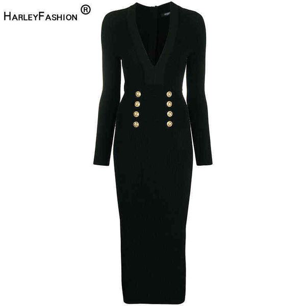 Mujer invierno vaina elegante Midi vestido de punto Sexy cuello pico manga larga calidad superior mezcla de lana cálido diseño G1214