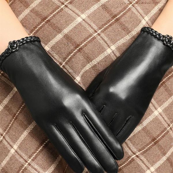 Guantes de piel de oveja suave de invierno para mujer, diseño clásico fresco, piel tejida con flores bonitas, hebilla de Metal, marca de moda, ciclismo drive, auténtico Le270Q