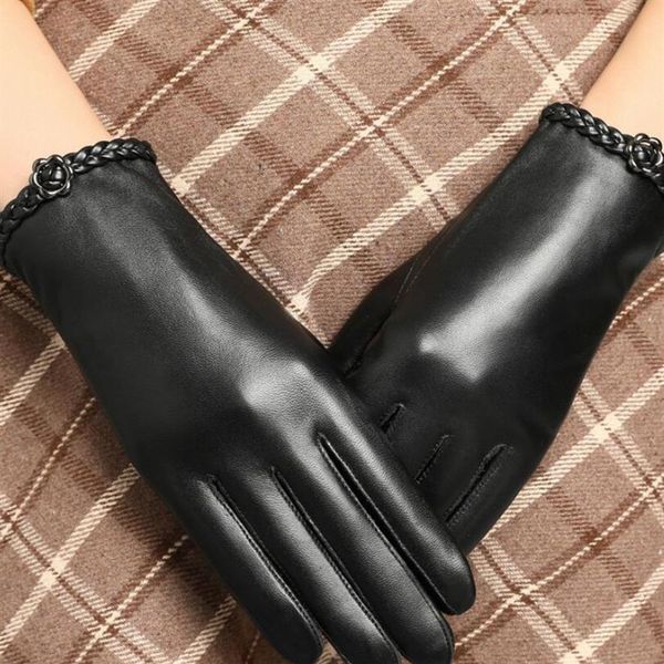 Guantes de piel de oveja suave de invierno para mujer, diseño clásico fresco, piel tejida con flores bonitas, hebilla de Metal, marca de moda, ciclismo drive, auténtico Le250C