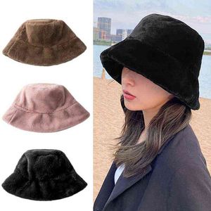 Vrouwen winter effen kleur koe print emmer hoed fuzzy pluche outdoor warm brede rand vakantie harajuku Panama visser cap G220311