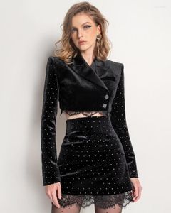 Vrouwen Winterstijl Sexy Long Sleeve V Hals Black Lace Two -Piece Set 2022 Celebrity Designer Fashion High Street Dames Tracksuits