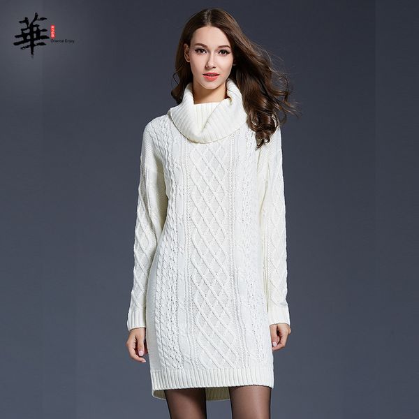 Vestido suéter de invierno para mujer, vestidos tejidos de manga larga para mujer, bata para mujer, jersey de cuello alto, vestido blanco de talla grande 210319241I