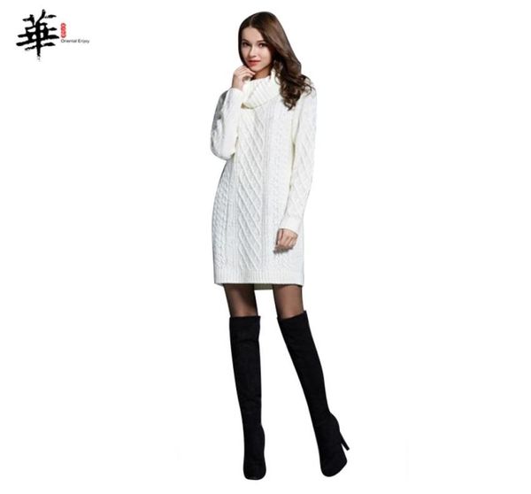 Vestido suéter de invierno para mujer, vestidos tejidos de manga larga para mujer, bata para mujer, jersey de cuello alto, vestido blanco de talla grande 2103192097044