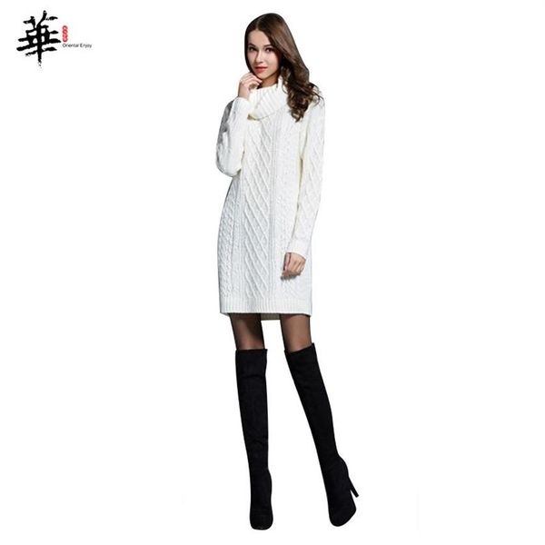 Vestido suéter de invierno para mujer, vestidos tejidos de manga larga para mujer, bata para mujer, jersey de cuello alto, vestido blanco de talla grande 210319276C