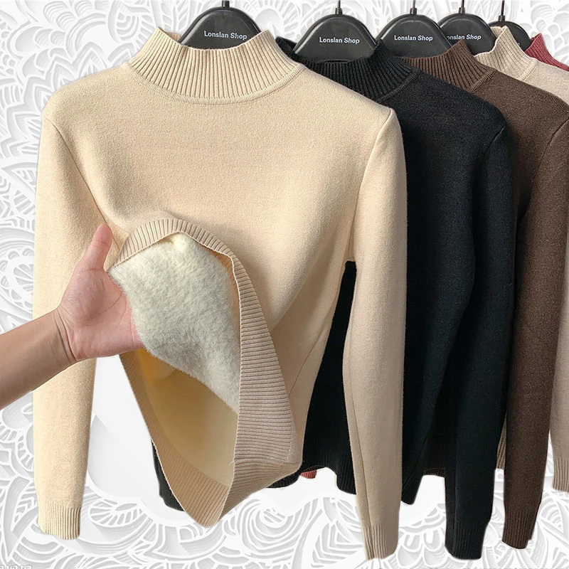 Women Winter Thicken Plus Velvet Turtleneck Sweaters Warm Knitted Pullover Tops Casual Fleece Lined Knitwear Jumper