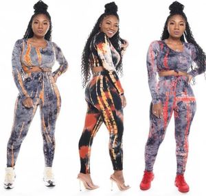 Femmes Hiver Tracksuits Tie Tye Print Sports Cleings Suisse Suisse sexy Suisses multiples deux pièces à manches longues Crop Top Long Pant S7685707