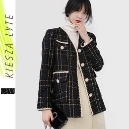 Vrouwen winter tweed jas Koreaanse knop goud draad jas casaco feminino elegante kantoor dames jassen mujer chaqueta 210608