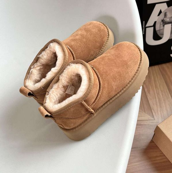 Mujer Invierno Ultra Mini ug Bota Diseñador Botas de plataforma australianas para hombres Cuero real Botines de piel de tobillo cálidos Zapato de lujo castaño negro nuevo