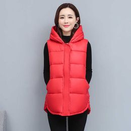 Dames Winter Vest Rits Jassen Hooded Down Cotton Jacket Parkas Vrouwelijke Warm Losse Mid-length Dames Mouwloze Jas 211008