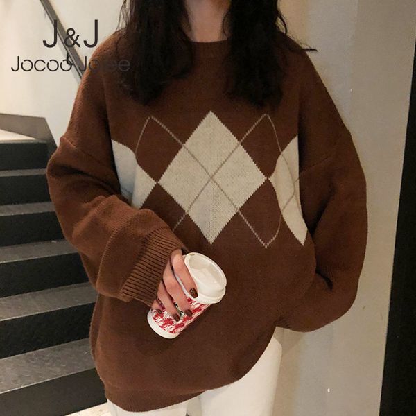Mujeres invierno vintage patrón geométrico suéter suelto moda hit color tejido batwing jersey coreano tejer puentes tops 210518
