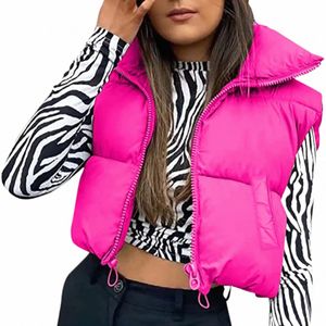 dames winter warm crop-vest, mouwloze opstaande kraag dubbelzijdig lichtgewicht puffervest M8fK #